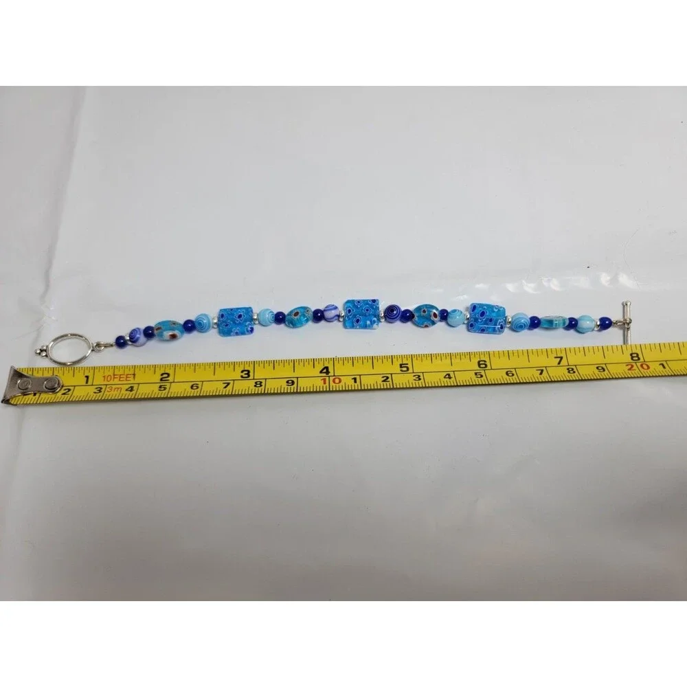 Blue Millefiori Style Beaded Bracelet Silver Tone Toggle Clasp Boho Jewelry